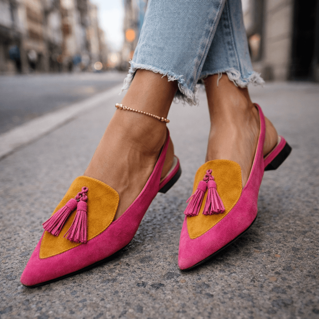 Nexoria - Mules bicolor para mujer elegantes con pompones de moda