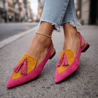 Nexoria - Mules bicolor para mujer elegantes con pompones de moda