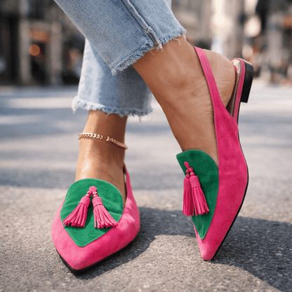 Nexoria - Mules bicolor para mujer elegantes con pompones de moda