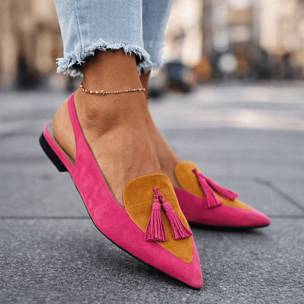 Nexoria - Mules bicolor para mujer elegantes con pompones de moda