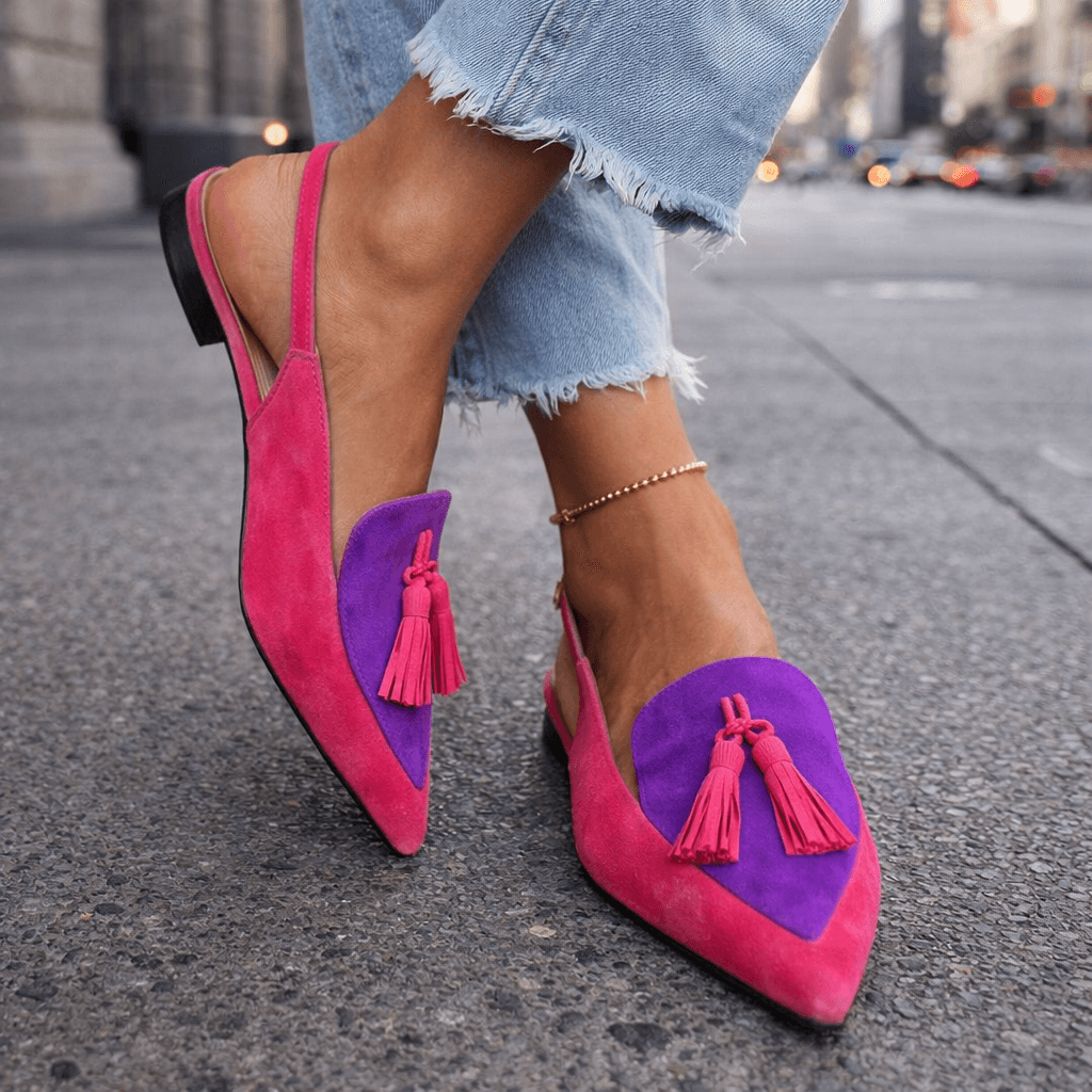 Nexoria - Mules bicolor para mujer elegantes con pompones de moda