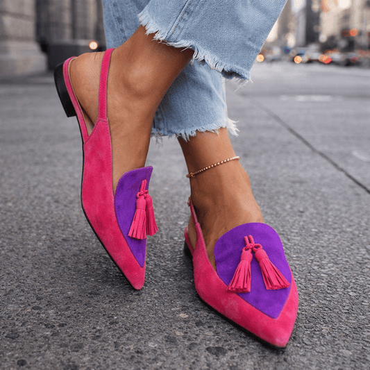 Nexoria - Mules bicolor para mujer elegantes con pompones de moda