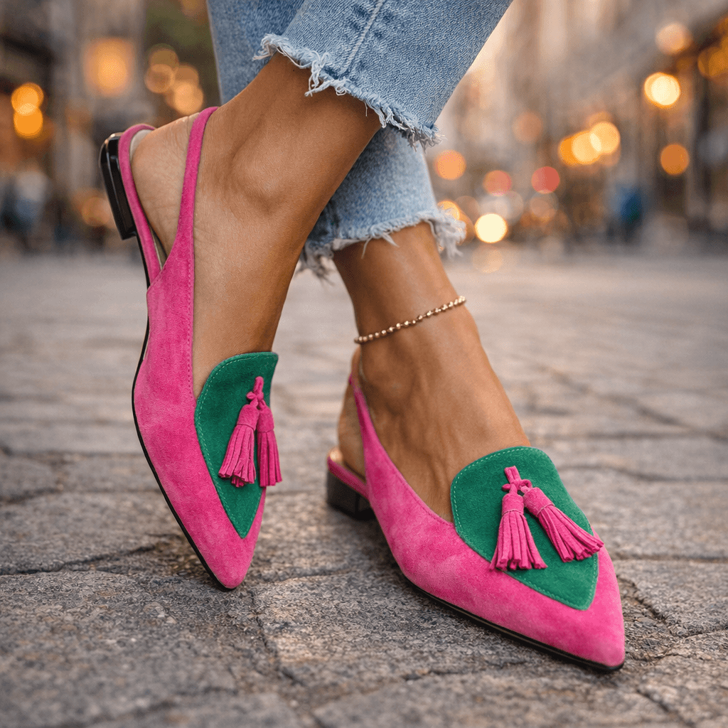 Nexoria - Mules bicolor para mujer elegantes con pompones de moda