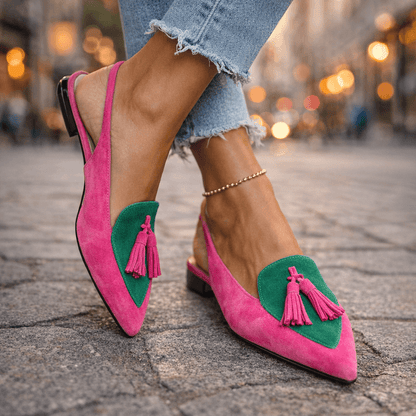 Nexoria - Mules bicolor para mujer elegantes con pompones de moda