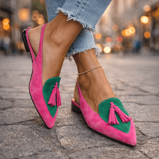 Nexoria - Mules bicolor para mujer elegantes con pompones de moda