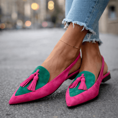 Nexoria - Mules bicolor para mujer elegantes con pompones de moda