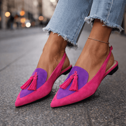 Nexoria - Mules bicolor para mujer elegantes con pompones de moda