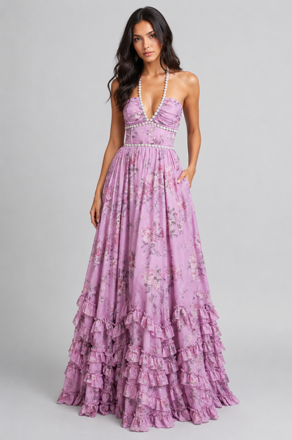 VALESKA | Vestido maxi chic con estampado floral vintage