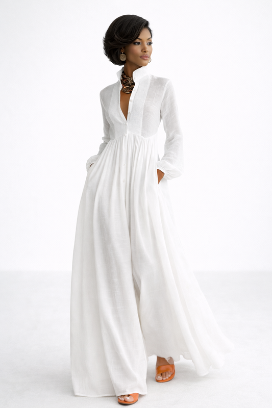 De La Rosa - vestido minimalista de algodón y lino con patchwork, cuello alto y mangas largas