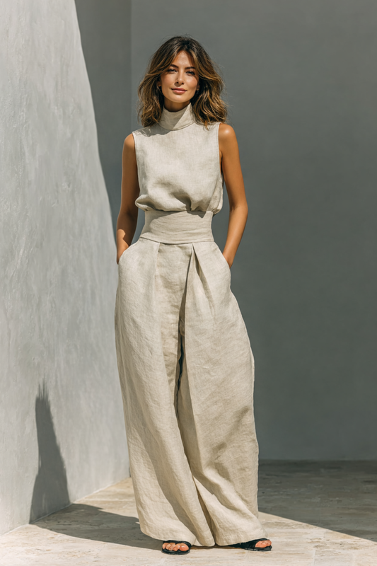 Mariah - Conjunto de Camiseta sin mangas y pantalones anchos de algodón y lino, de estilo minimalista, para mujer