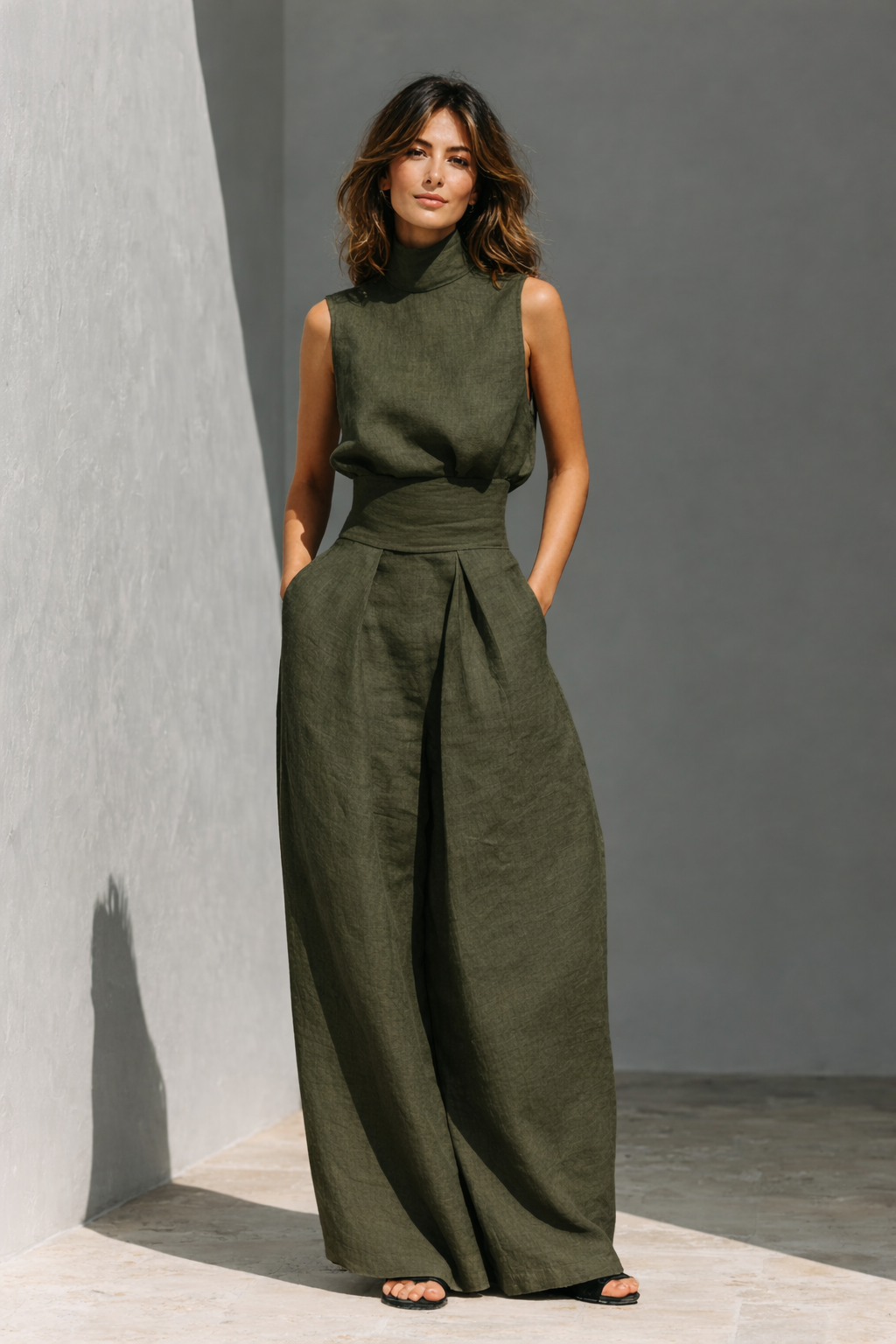 Mariah - Conjunto de Camiseta sin mangas y pantalones anchos de algodón y lino, de estilo minimalista, para mujer