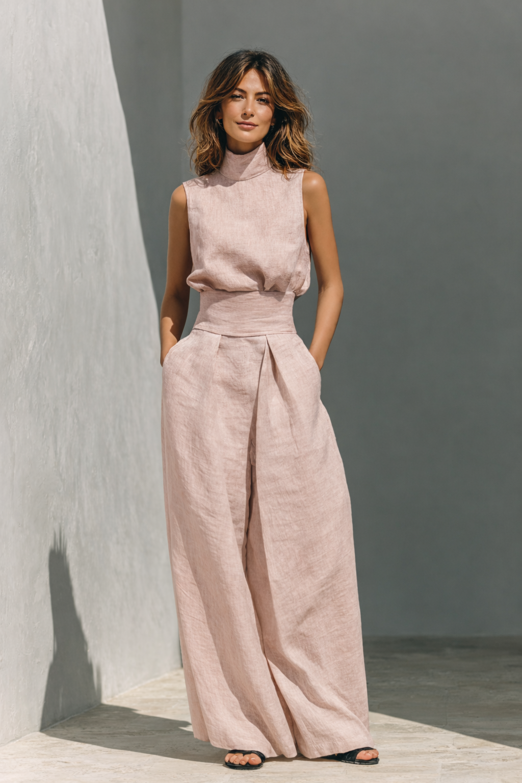 Mariah - Conjunto de Camiseta sin mangas y pantalones anchos de algodón y lino, de estilo minimalista, para mujer