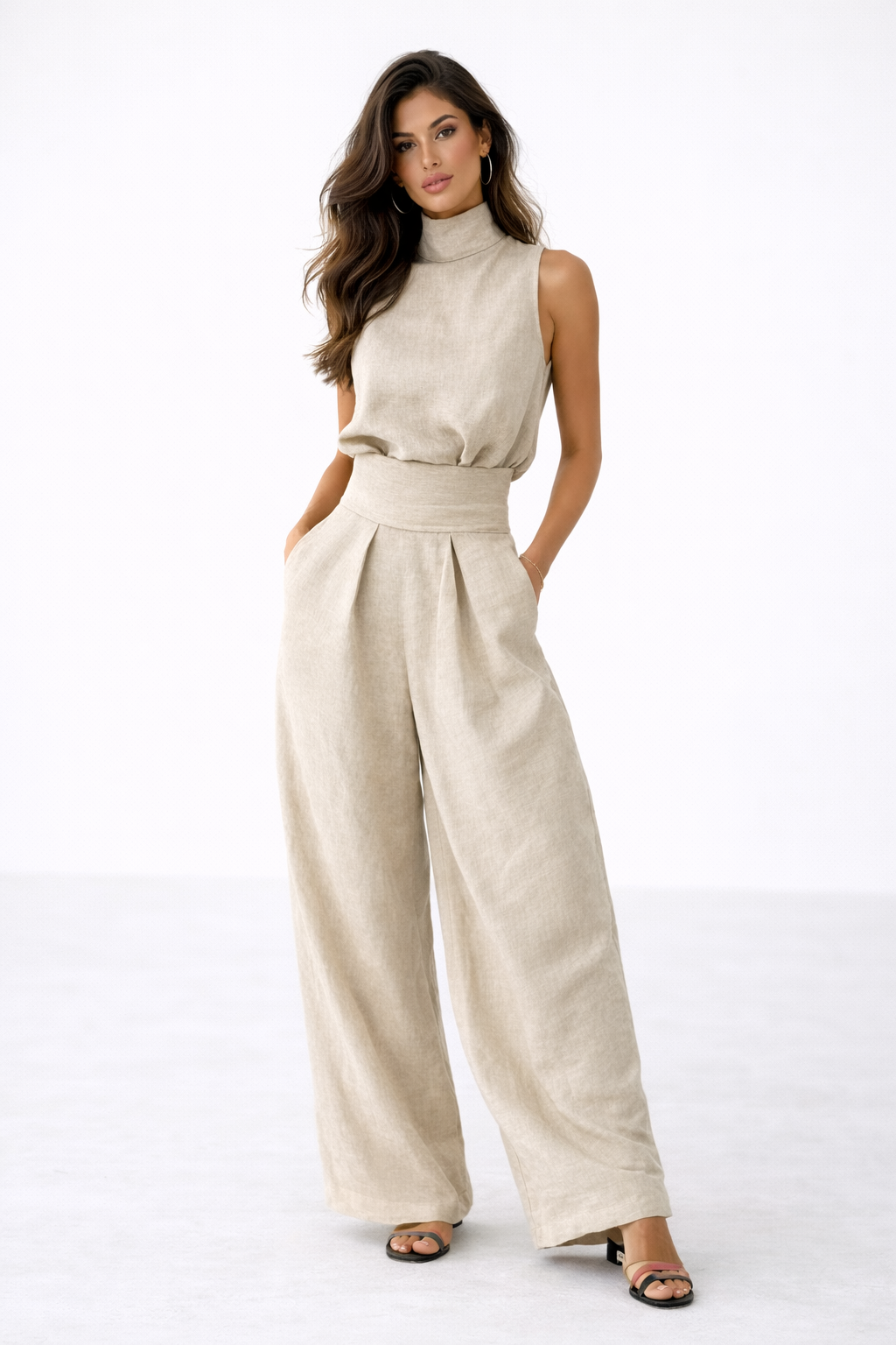 Mariah - Conjunto de Camiseta sin mangas y pantalones anchos de algodón y lino, de estilo minimalista, para mujer