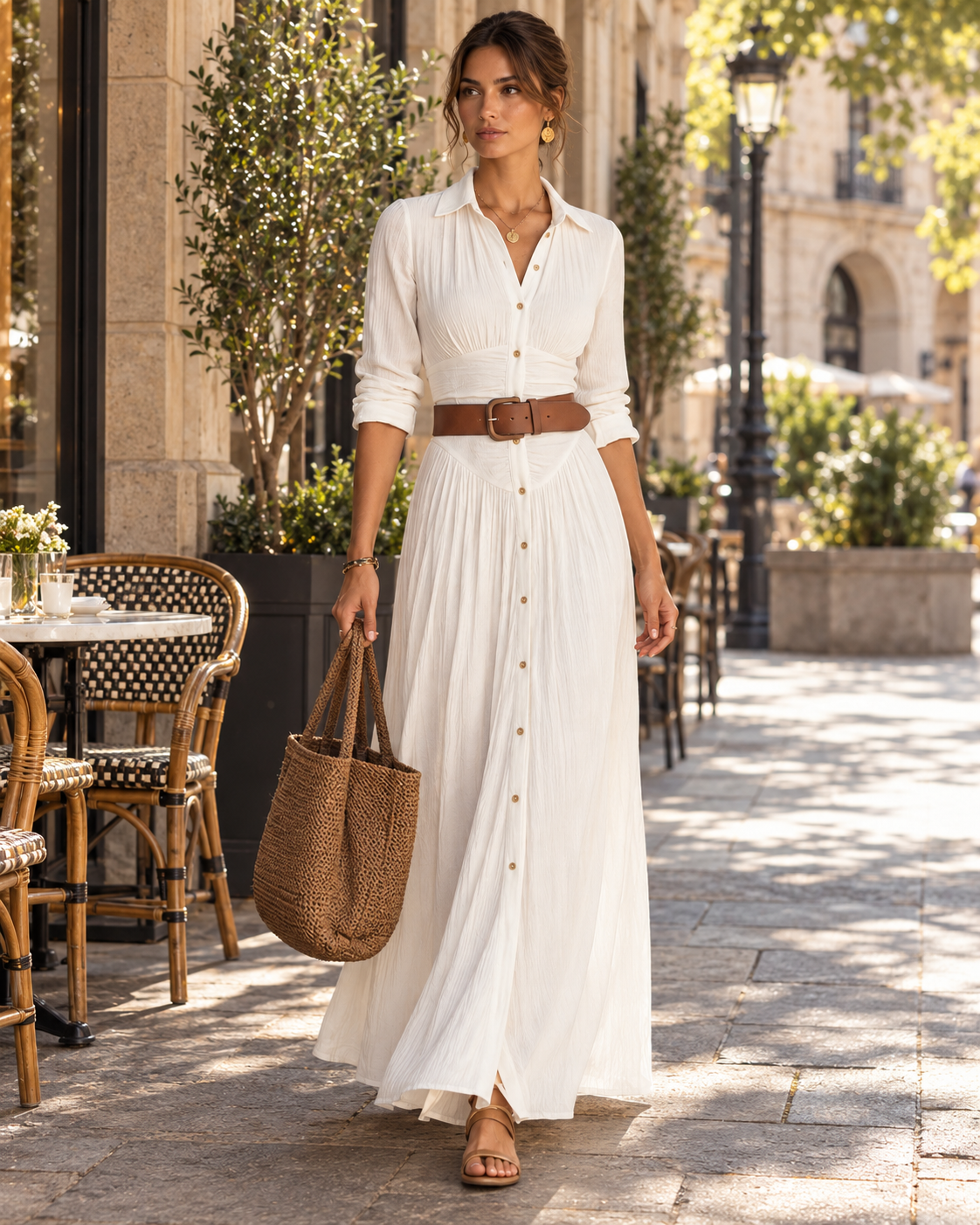 Modelo con vestido blanco Helenia, cinturón marrón, bolso tejido y sandalias planas en una cafetería.