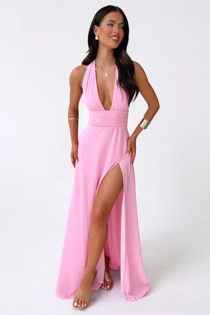 LILLI | Vestido maxi halter elegante con gran abertura