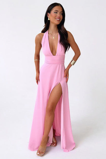 LILLI | Vestido maxi halter elegante con gran abertura