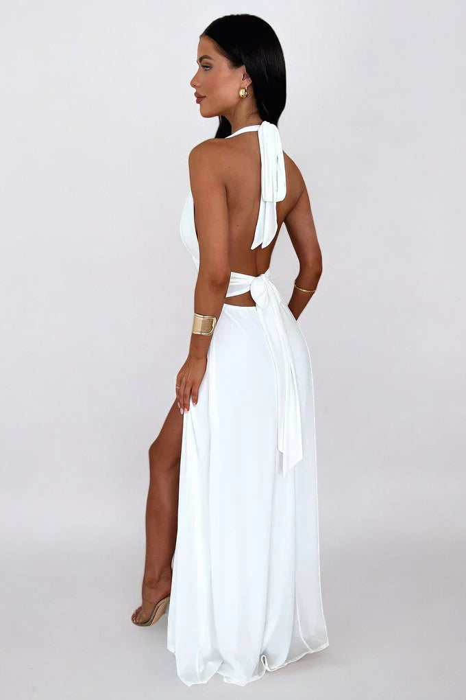 LILLI | Vestido maxi halter elegante con gran abertura