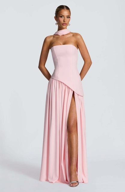 LINA | Vestido maxi sin tirantes con abertura alta