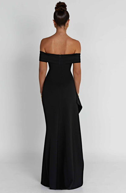 KIM | Vestido maxi de satén sin hombros