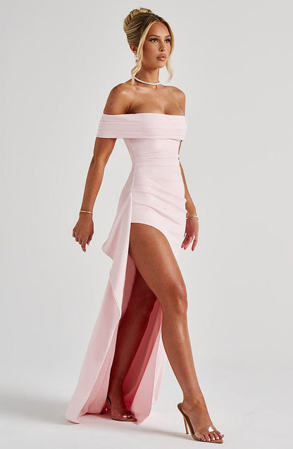 KIM | Vestido maxi de satén sin hombros