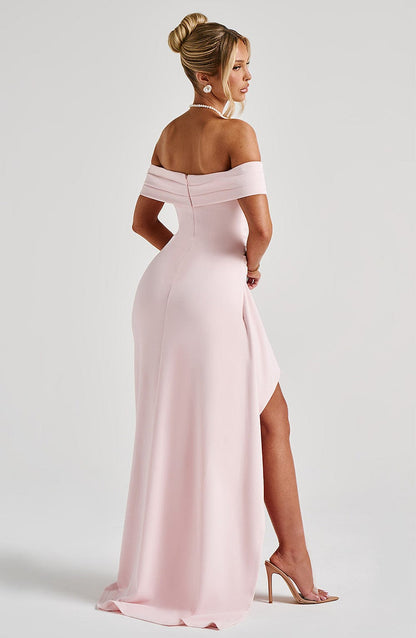 KIM | Vestido maxi de satén sin hombros