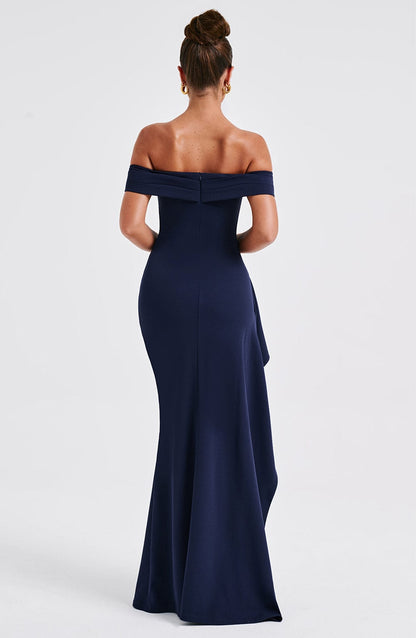 KIM | Vestido maxi de satén sin hombros