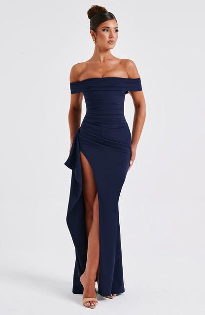 KIM | Vestido maxi de satén sin hombros