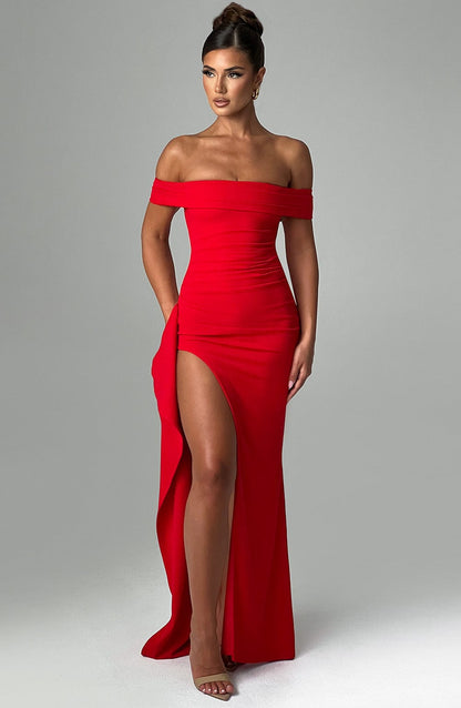 KIM | Vestido maxi de satén sin hombros