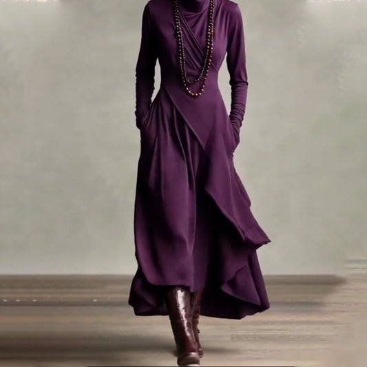 Elizabeth - Vestido largo con cuello alto y drapeado asimétrico